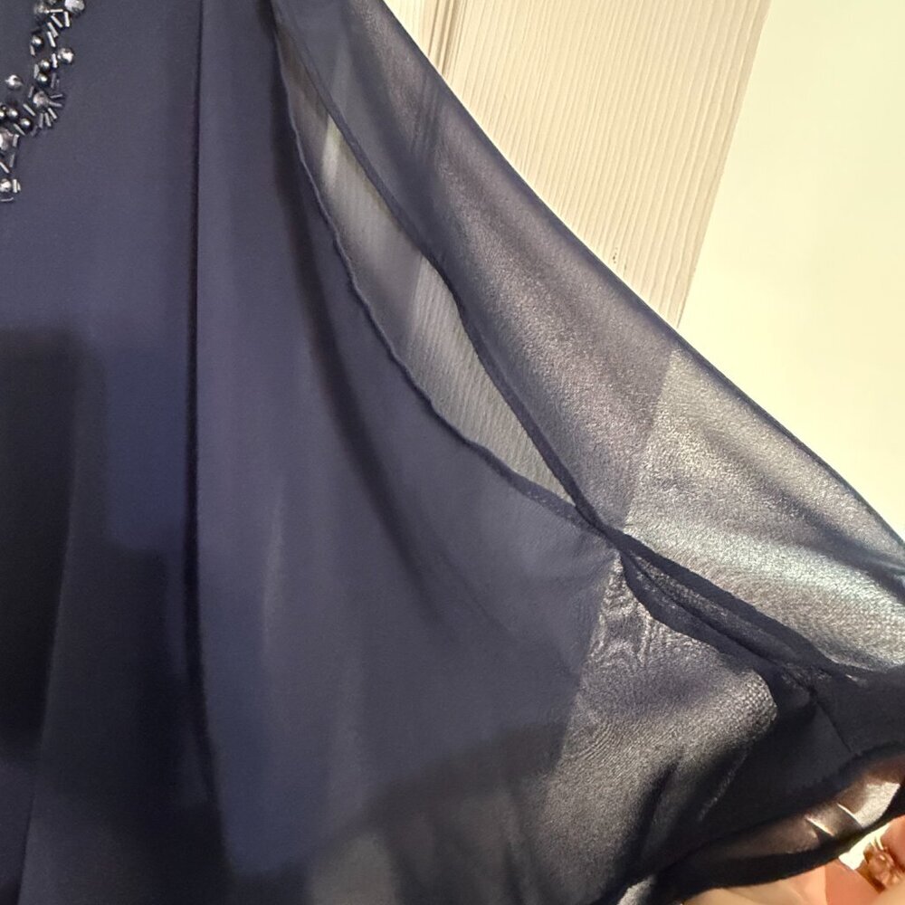 Jeweled V-Neck Chiffon Overlay Flutter Short-Sleeve Navy Blue Shift Dress - Picture 5 of 7